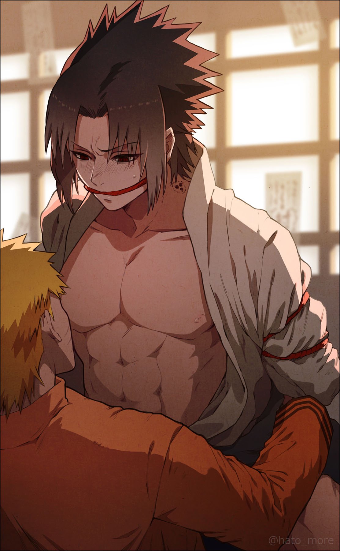 2boys, bara, black eyes, black hair, blonde hair, bondage, boruto: naruto next generations, clothing, cowgirl position, female, fully clothed, gag, gagged, gay, hato more, jacket, male, male only, mouth gag, muscles, muscular, muscular male, naruto, naruto (series), naruto shippuden, nipple suck, nipples, open shirt, sasuke uchiha, sex, sitting, sitting on lap, sitting on person, sucking nipples, sweat, sweatdrop, uzumaki naruto, yaoi