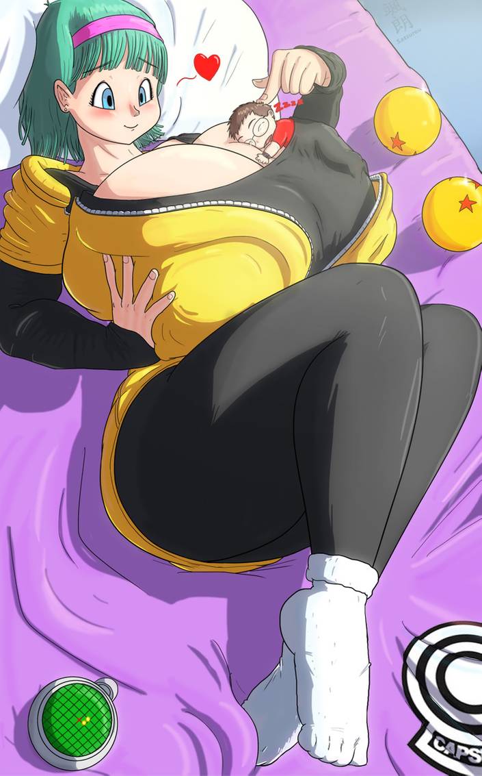 blue_eyes blush breast_squeeze bulma_briefs bulma_briefs_(frieza_saga) dragon_ball dragon_ball_z giantess gigantic_ass gigantic_breasts hyper_ass hyper_breasts satsurou shounen_jump smaller_male socks tagme venus_body