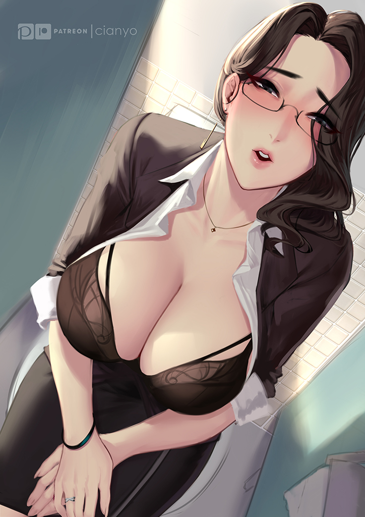 1girls, bathroom, bathroom stall, big breasts, blush, bra, breasts, cianyo, cleavage, female, female only, glasses, large breasts, solo