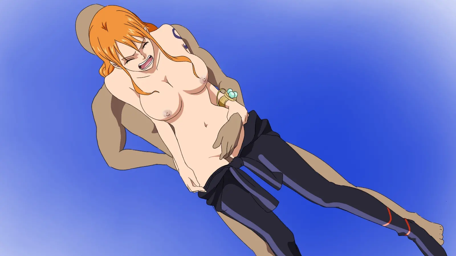 1boy, 1girls, arm tattoo, blue tattoo, clothed female nude male, clothing, female, from behind, from behind position, log pose, male, mr trace mosha, nami (one piece), one piece, orange hair, orange-haired female, post-timeskip, pussy, questionable consent, sex, standing sex, straight, tattoo, tattoo on arm, tattooed arm