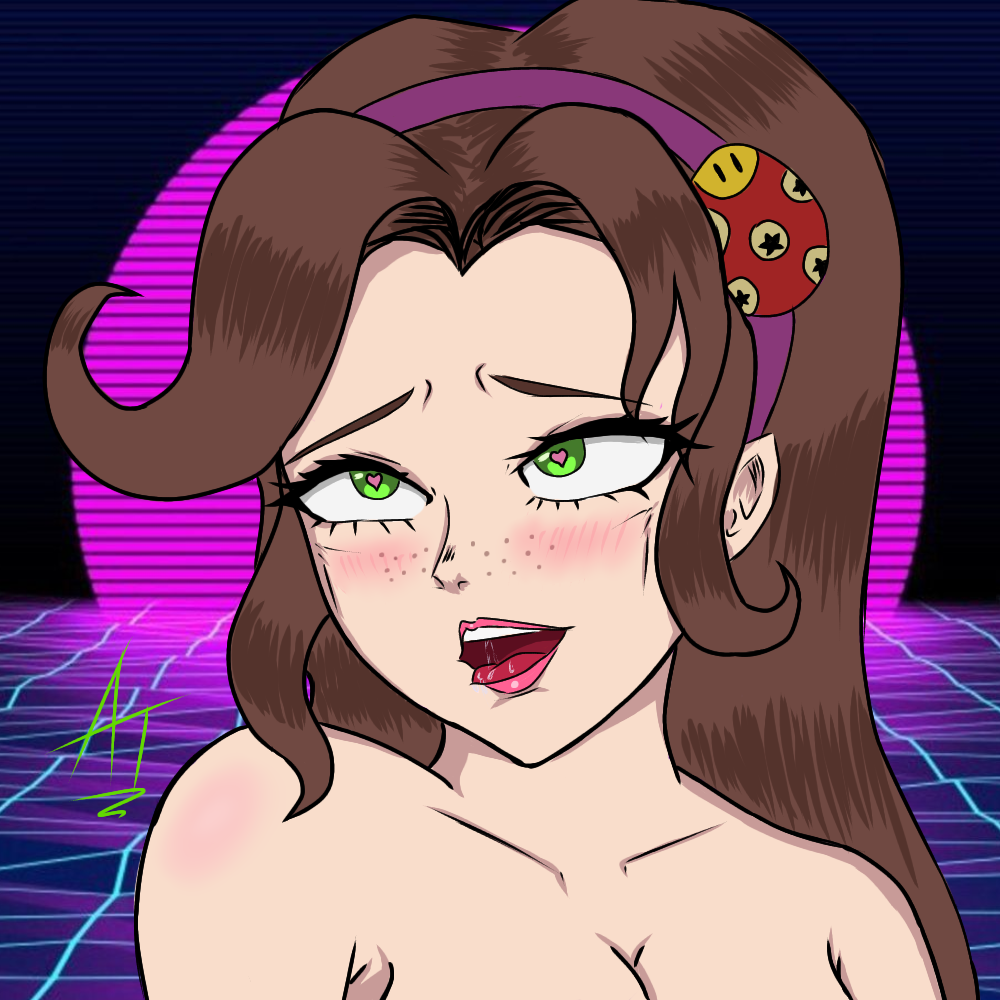 ahe_gao blush brown_hair cross_eyed freckles green_eyes heart-shaped_pupils jojo's_bizarre_adventure jojocoso long_hair neon_grid rule_63 synthwave tongue