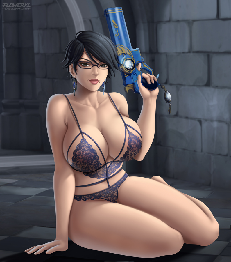1girls, alternate breast size, alternate version available, bayonetta, bayonetta (character), bayonetta 2, bra, breasts, cleavage, female, female only, firearm, flowerxl, handgun, huge breasts, large breasts, lingerie, looking at viewer, panties, solo, weapon