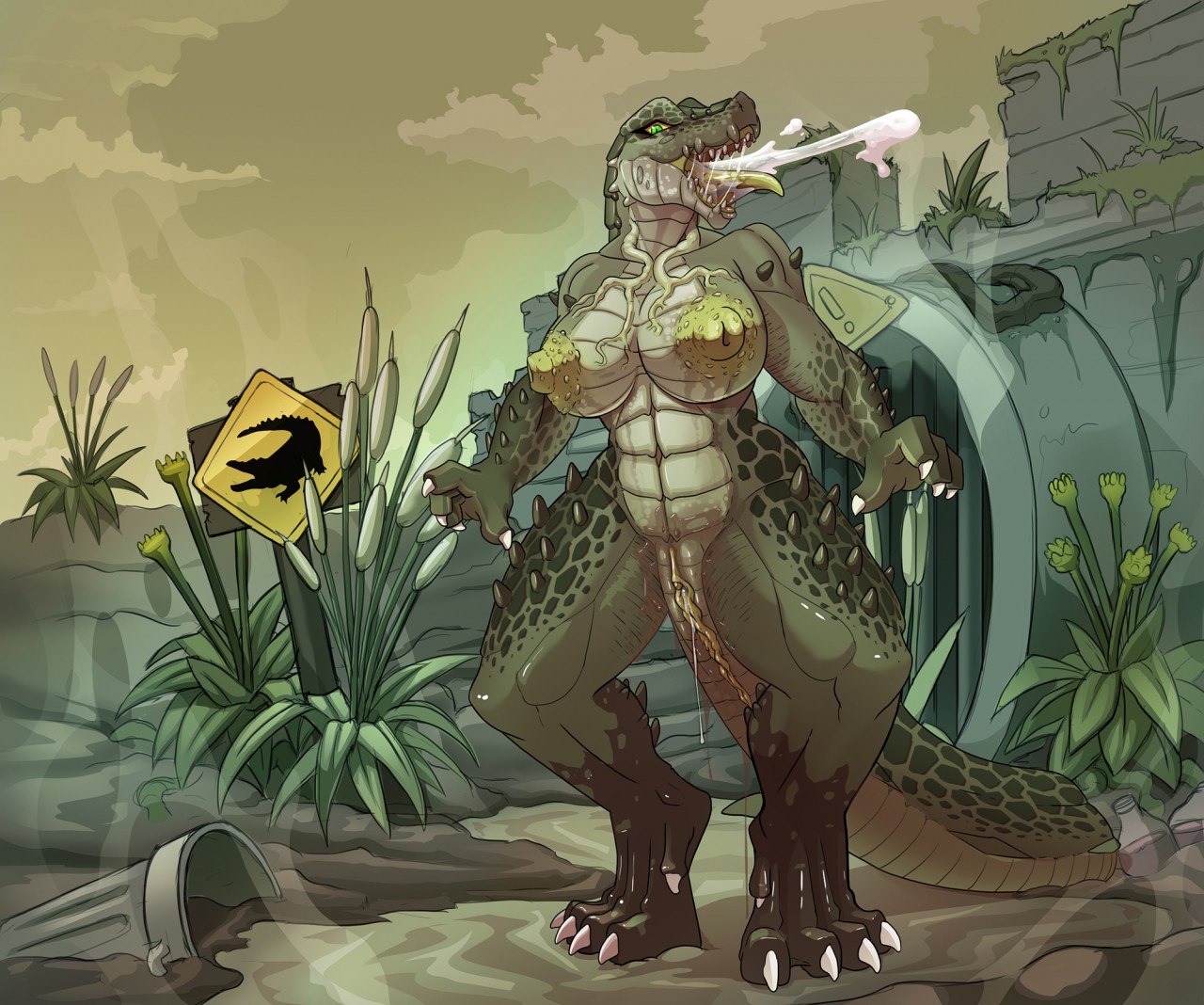 after transformation, breasts, crocodile, detailed background, female, gender transformation, huge pussy, lunate, mtf transformation, post-transformation, pussy, solo feral, species transformation, swamp, transformation