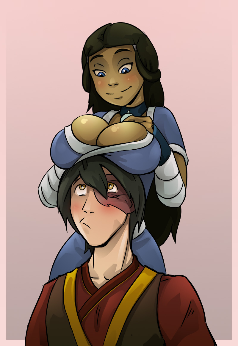 1boy 1girls arm_wraps avatar_the_last_airbender bedroom big_breasts blue_eyes blush boob_hat breasts breasts_on_head brown_hair burn_scar choker cleavage clothed clothed_female clothed_male clothing color dark-skinned_female dark_skin digital_media_(artwork) fanon_couple female fire_nation hagfish hair_down hourglass_figure interracial katara large_breasts long_hair looking_down looking_up nickelodeon pout scar seductive short_hair smile smiling straight teasing water_tribe yellow_eyes zuko zutara