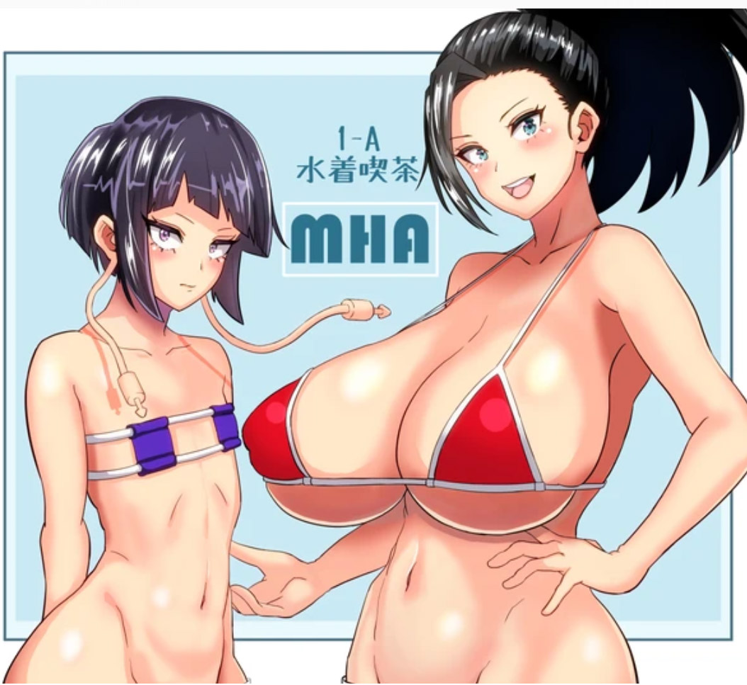 2girls, artist name, beach, big breasts, bikini, black hair, blue eyes, breasts, breasts bigger than head, eyepatch bikini, female, female only, flat chest, gigantic breasts, huge breasts, kyoka jiro, long hair, micro bikini, momo yaoyorozu, my hero academia, purple eyes, short hair, smile, swimsuit, text, true flat chest