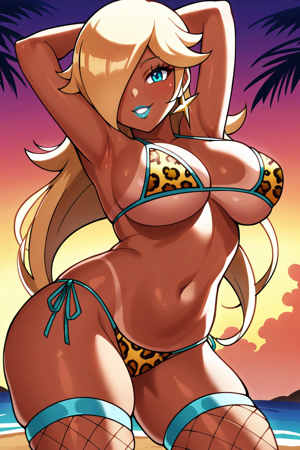 1girls, ai generated, arms behind head, beach, bikini, blonde hair, blue lipstick, boobs, boobs focus, breasts, face focus, female, female front angle, female front view, female front-view, fishnet stockings, fishnets, front angle female, front view female, front-view female, gradient background, gyaru, large breasts, leopard print, leopard print bikini, lips, lipstick, mario (series), megazard, princess rosalina, solo, sunset, tan body, tan skin, tanline, wide hips