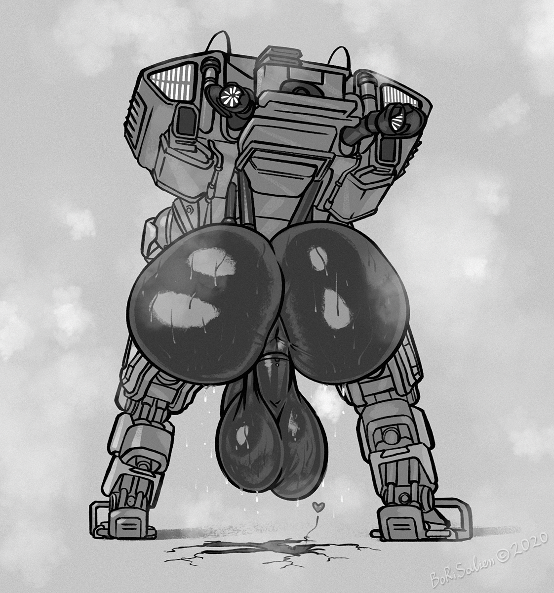ass, balls, black and white, borisalien, huge ass, huge balls, huge cock, hyper ass, hyper balls, hyper penis, male, mech, monochrome, penis, robot, robot boy, scorch (titanfall), size difference, sweat, tagme, titanfall