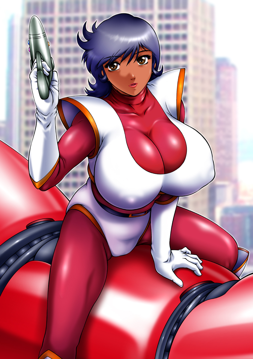 1girls 2008 azuma_kyouto black_hair blue_hair bodysuit breasts brown_eyes buildings cleavage dark-skinned_female dark_skin female female_only great_mazinger gun huge_breasts human jun_hono large_breasts long_hair looking_at_viewer mazinger outfit pilot_suit red_lips skin_tight solo_female white_gloves