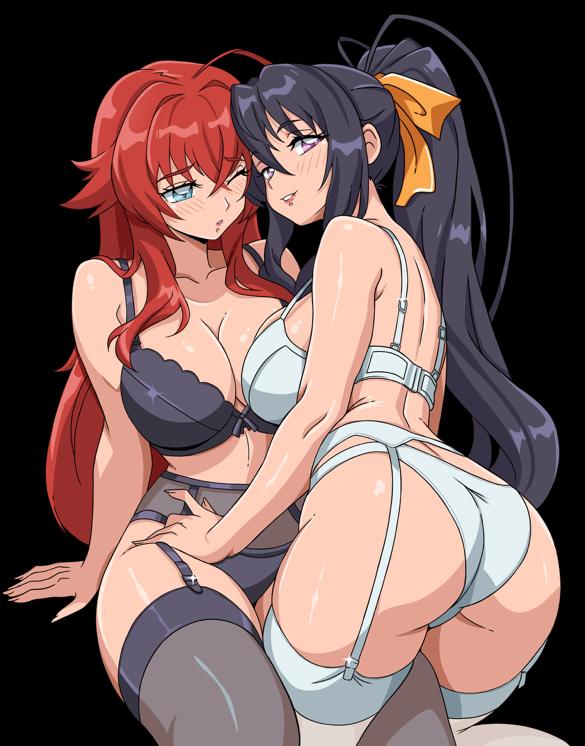 2girls, akeno himejima, ass, ass focus, big ass, big breasts, black lingerie, bra, breasts, female, female only, hfxpins, high school dxd, light skin, light-skinned female, lingerie, panties, purple hair, red hair, rias gremory, stockings, white lingerie, yuri