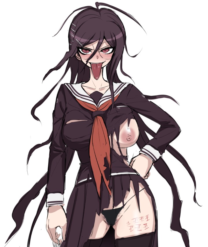 akizora, black panties, breasts, danganronpa, exposed breasts, female, fukawa touko, genocider shou, glasses, school uniform, straight hair, tongue, tongue out, torn clothes