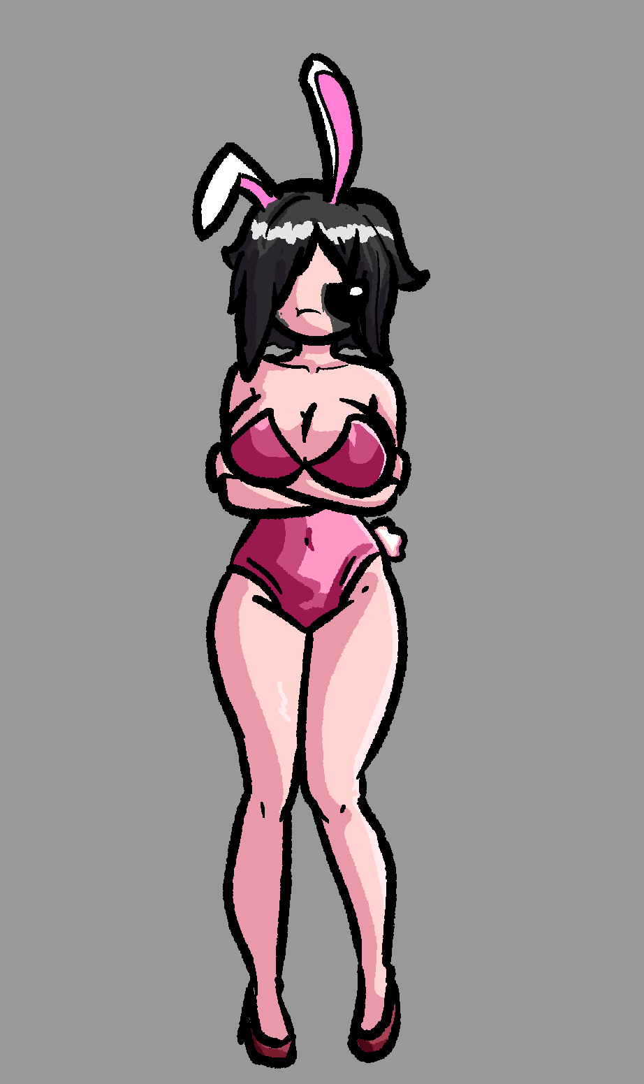 1girls annoyed annoyed_expression arms_crossed big_breasts black_eyes black_hair breasts bunny_ears bunny_tail bunnysuit chetoh cleavage commission commissioner_upload eve_(the_binding_of_isaac) female female_focus female_only grey_background heels looking_to_the_side mascara pink_bunnysuit pink_heels pink_skin pout tainted_eve_(the_binding_of_isaac) the_binding_of_isaac thighs