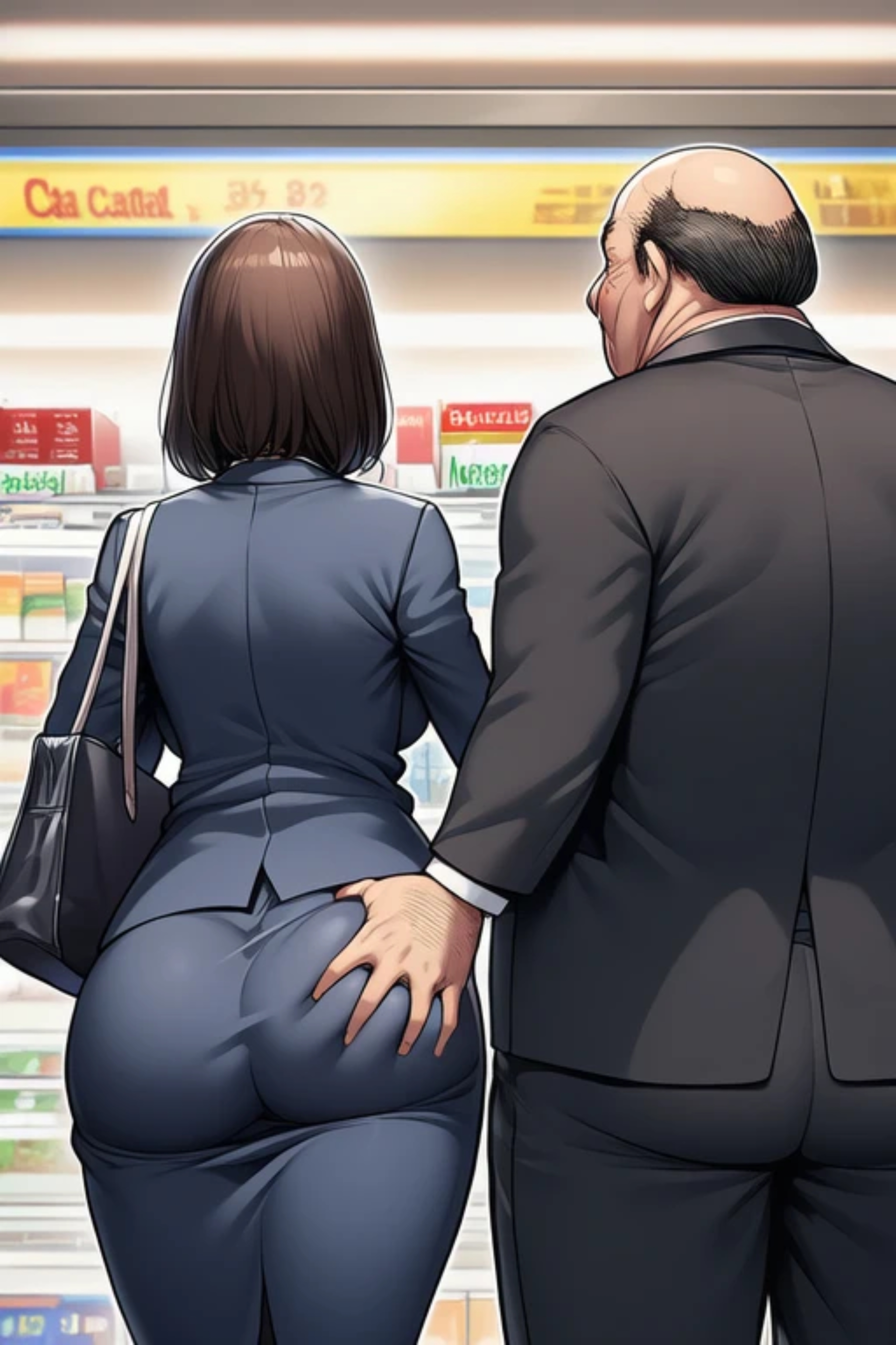ai generated, child bearing hips, female, groping, groping ass, groping from behind, male, milf, old male, old man, older male, older male and younger female, sexual assault, sexual harassment, ugly bastard, ugly man
