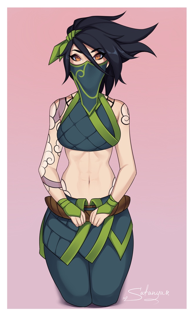 1girls, black hair, female, hair, looking at viewer, mask, orange eyes, satanya, solo, standing, tattoo