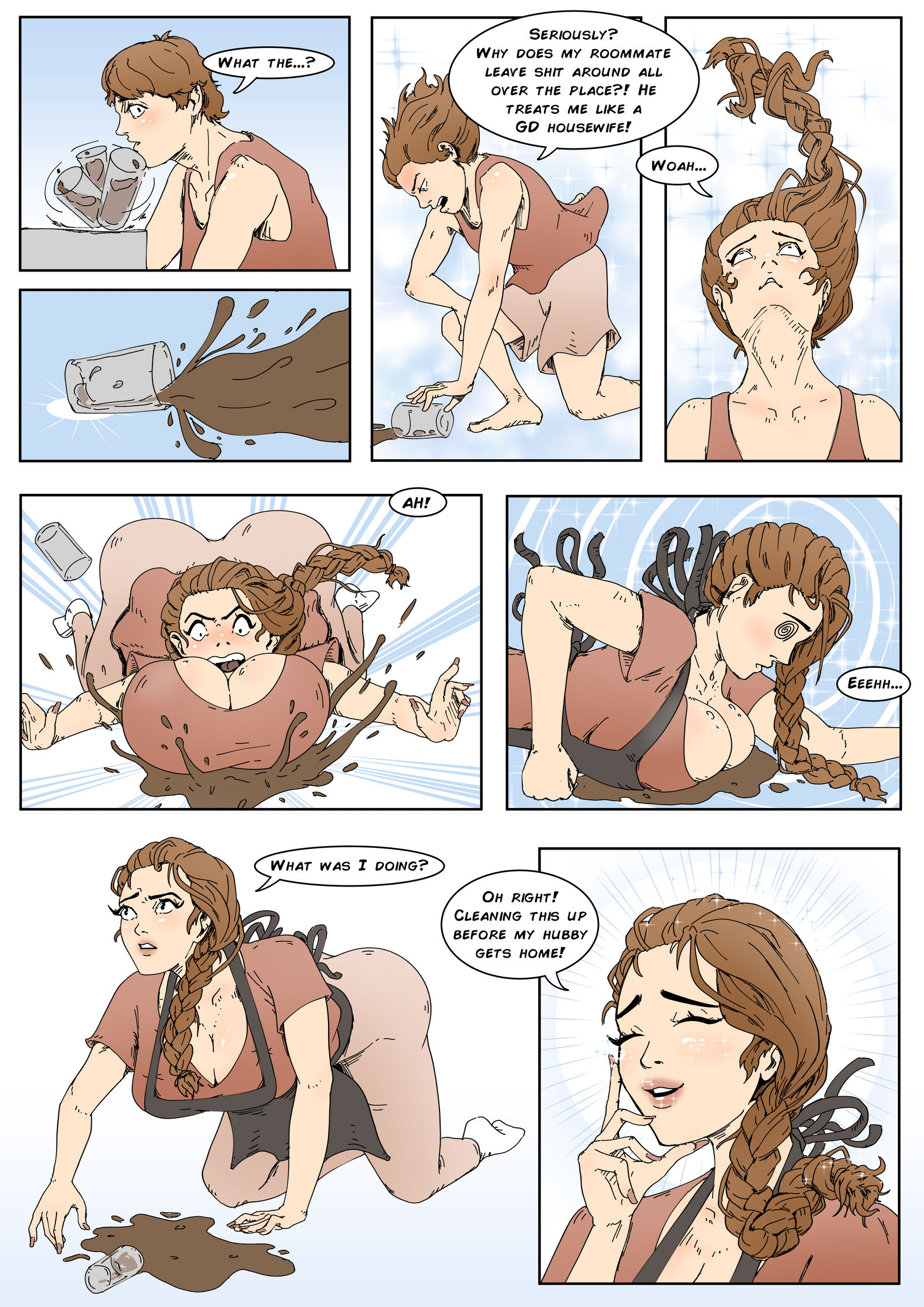1boy, 1girls, age progression, aged up, apron, ass, big ass, big breasts, big butt, braid, brainwashed, brainwashing, breast expansion, breast growth, breast growth (enlargement), breasts, brown hair, butt expansion, cmykmind, color, comic, english, english text, female, gender transformation, genderswap, genderswap (mtf), housewife, huge ass, huge breasts, huge butt, hypnosis, hypnotic eyes, identity death, long hair, male, male to female, mature, mature female, mental transformation, milf, milfification, mind control, personality change, rule 63, socks, stepfordization, text, transformation