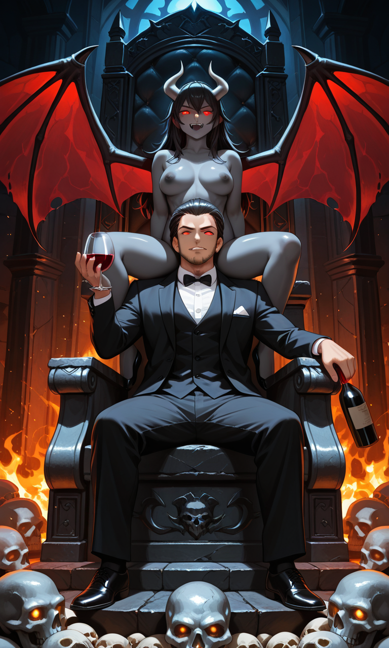 ai_generated breasts christianity demon demon_woman dragon_wings hell lilith lucifer mythology nude_female sitting_on_person suit throne throne_room tuxedo wine wine_bottle wine_glass