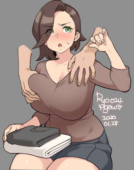 1girls, big breasts, breast grab, breasts, cleavage, clothed, disembodied hand, female, large breasts, ryo agawa, straight
