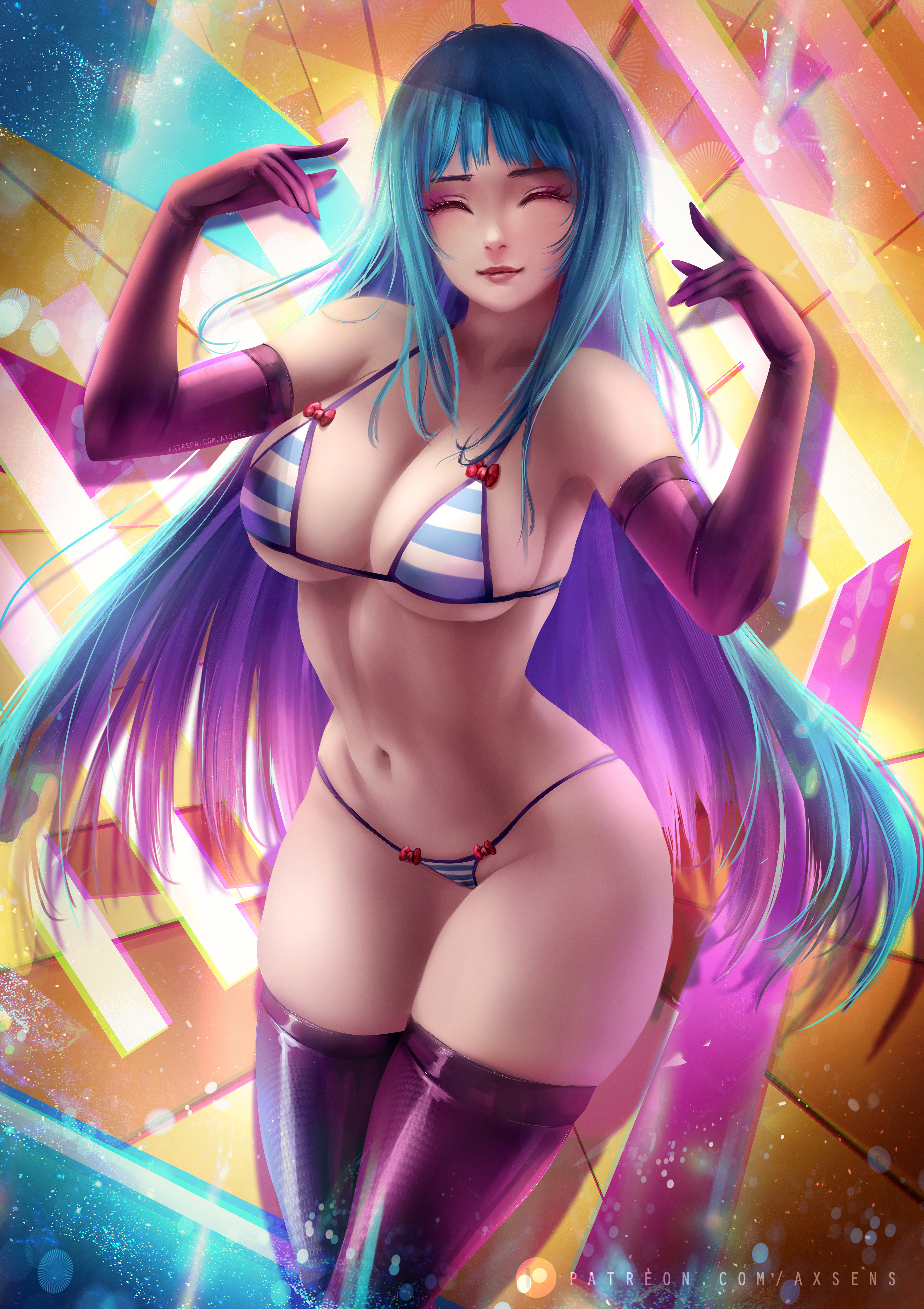 1girls, areolae, axsens, bikini, blue hair, breasts, closed eyes, elbow gloves, female, female only, gloves, highres, human, legwear, looking at viewer, me!me!me!, meme (me!me!me!), multicolored hair, navel, pose, purple eyes, purple gloves, purple hair, purple legwear, purple thighhighs, solo, standing, thick thighs, thighhighs, thighs, two-tone hair, very long hair