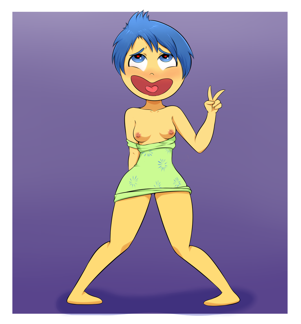 ahe gao, blue eyebrows, blue eyes, blue hair, blush, breasts, disney, dress down, female, female only, green dress, heart-shaped pupils, inside out, joy (inside out), looking up, nipples, no shoes, pixar, purple background, small breasts, smile, tongue, yellow skin