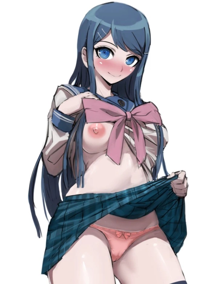 akizora, blue eyes, blue hair, blush, danganronpa, female, long hair, maizono sayaka, pink panties, skirt lift, smile, solo female, straight hair
