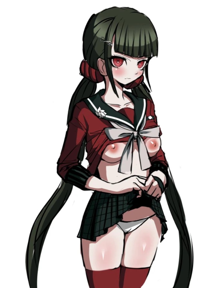 akizora, black hair, danganronpa, danganronpa v3, female, female only, harukawa maki, long twintails, official style, red eyes, skirt lift, twintails, white panties