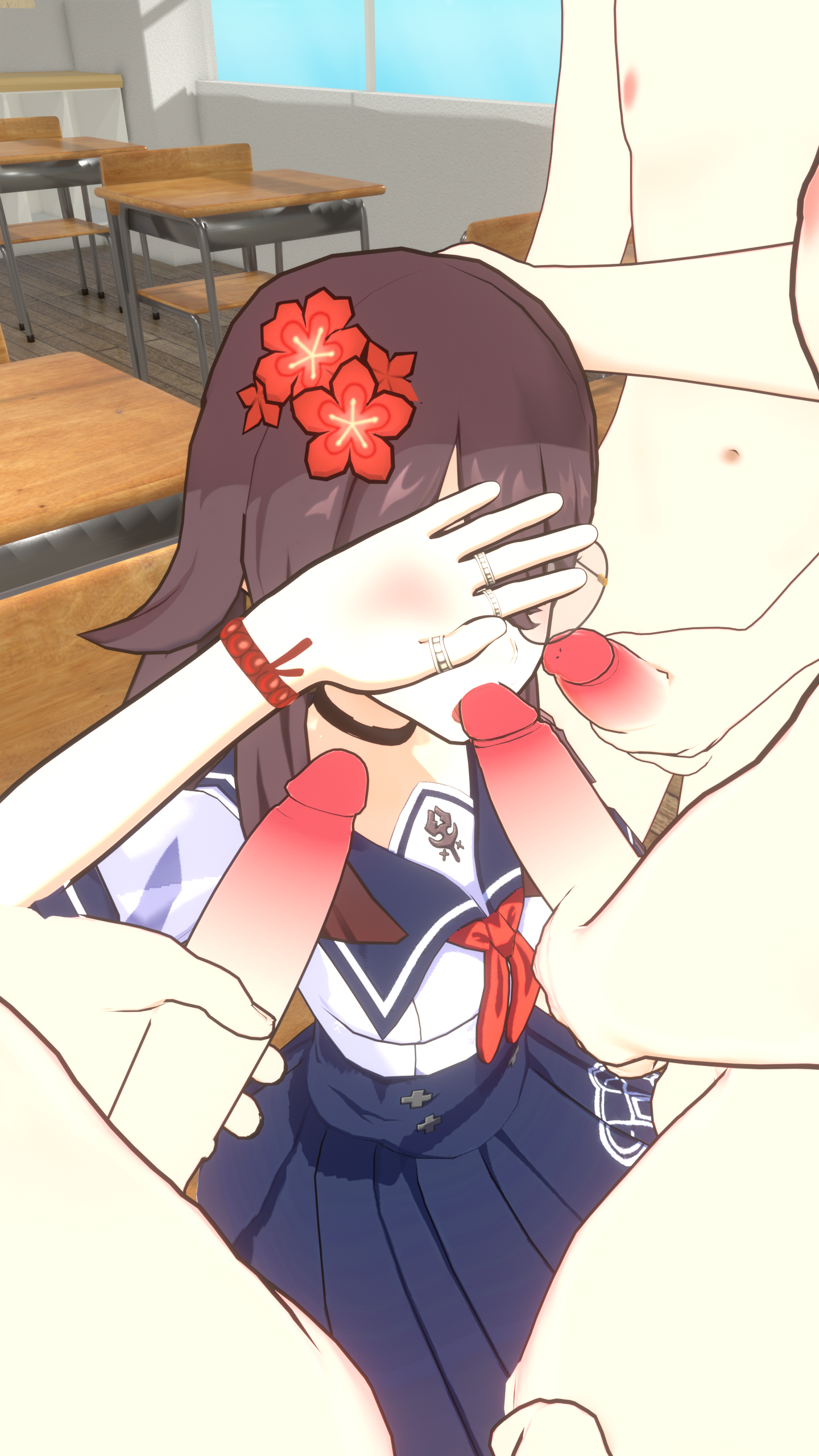 1girls, 3boys, 3d, bangs, being recorded, blowjob, brown hair, choker, classroom, completely nude, desk, fellatio, female, flower, foursome, gangbang, genshin impact, glasses, hair ornament, hu tao (genshin impact), licking penis, male, masturbating while watching, mmmf foursome, multiple penises, nude, penis, penis on mouth, petite, sansonnsfw, school uniform, sitting, skirt, twintails