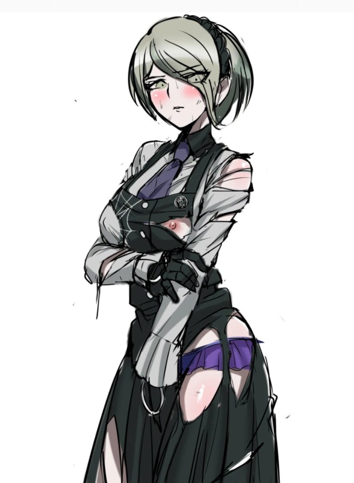 1girls, akizora, blonde hair, blush, blushing, danganronpa, danganronpa v3, embarrassed female, eyes visible through hair, female, hair over one eye, light skin, light-skinned female, looking at viewer, maid, nipples, official style, solo, solo female, standing, sweat, sweaty face, torn clothes, toujou kirumi, white background