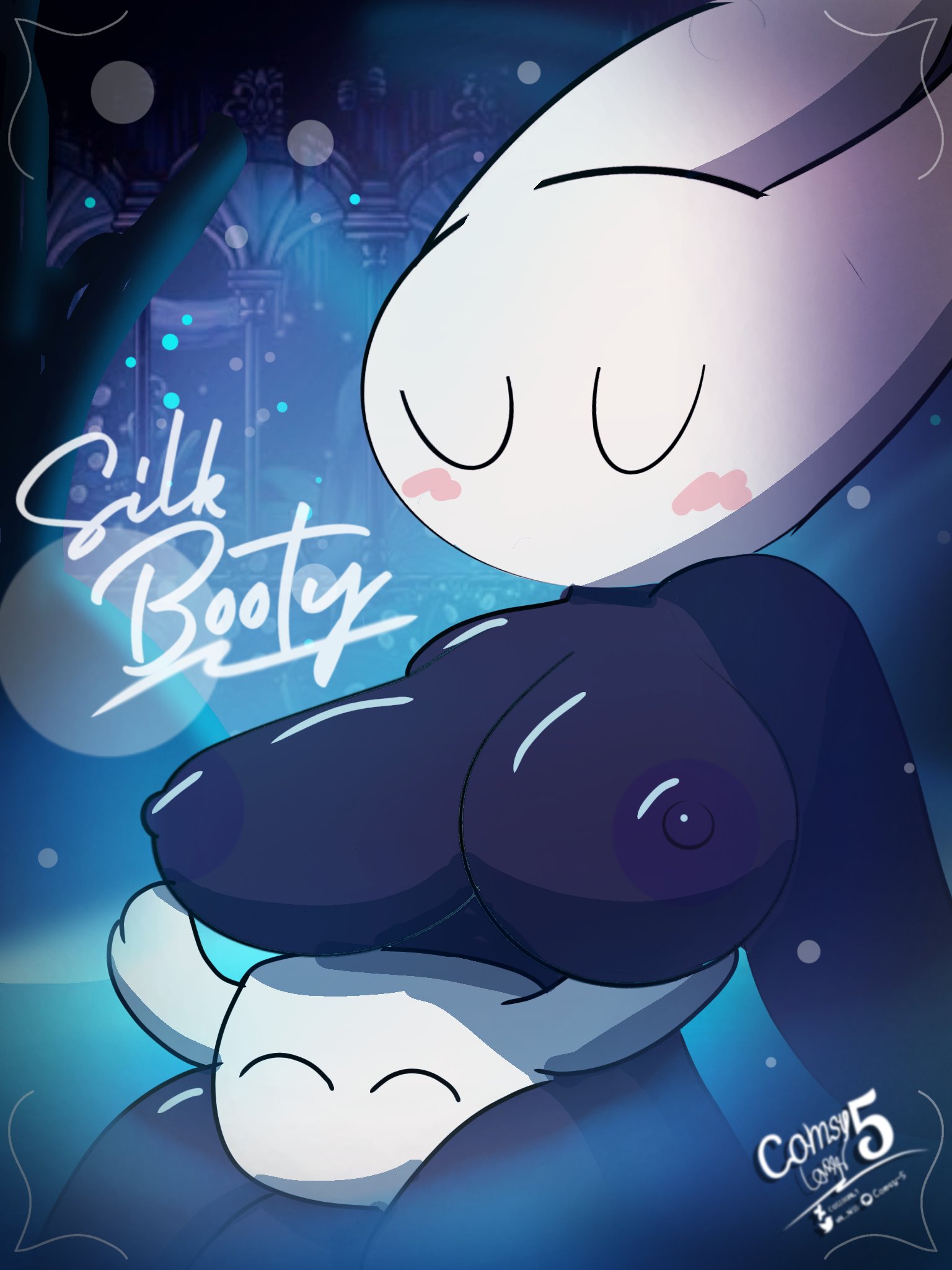 1boy, 1girls, between legs, between thighs, big breasts, blush, boob hat, breasts, cos-18only, eyebrowless, female, hollow knight, hornet (hollow knight), incest, male, n hiss, solid eyes, team cherry, the knight (hollow knight)