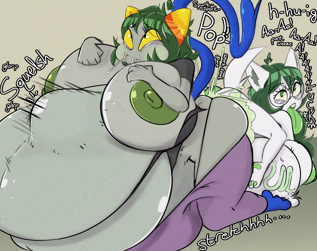 1futa, areolae, ass, balls, big breasts, breasts, cat tail, coltetbe, cum, cum in ass, cum inflation, cum inside, cum through, cumflation, double belly, erection, excessive cum, futa only, futanari, home-stuck, homestuck, horns, huge cock, humanoid, hyper penis, inflation, intersex, jade harley, large balls, large breasts, large testicles, leaning, light skin, ms paint adventures, nepeta leijon, nipples, nude, penis, ripped clothing, short hair, stomach bulge, tail, testicles, urethra, veiny balls, veiny testicles