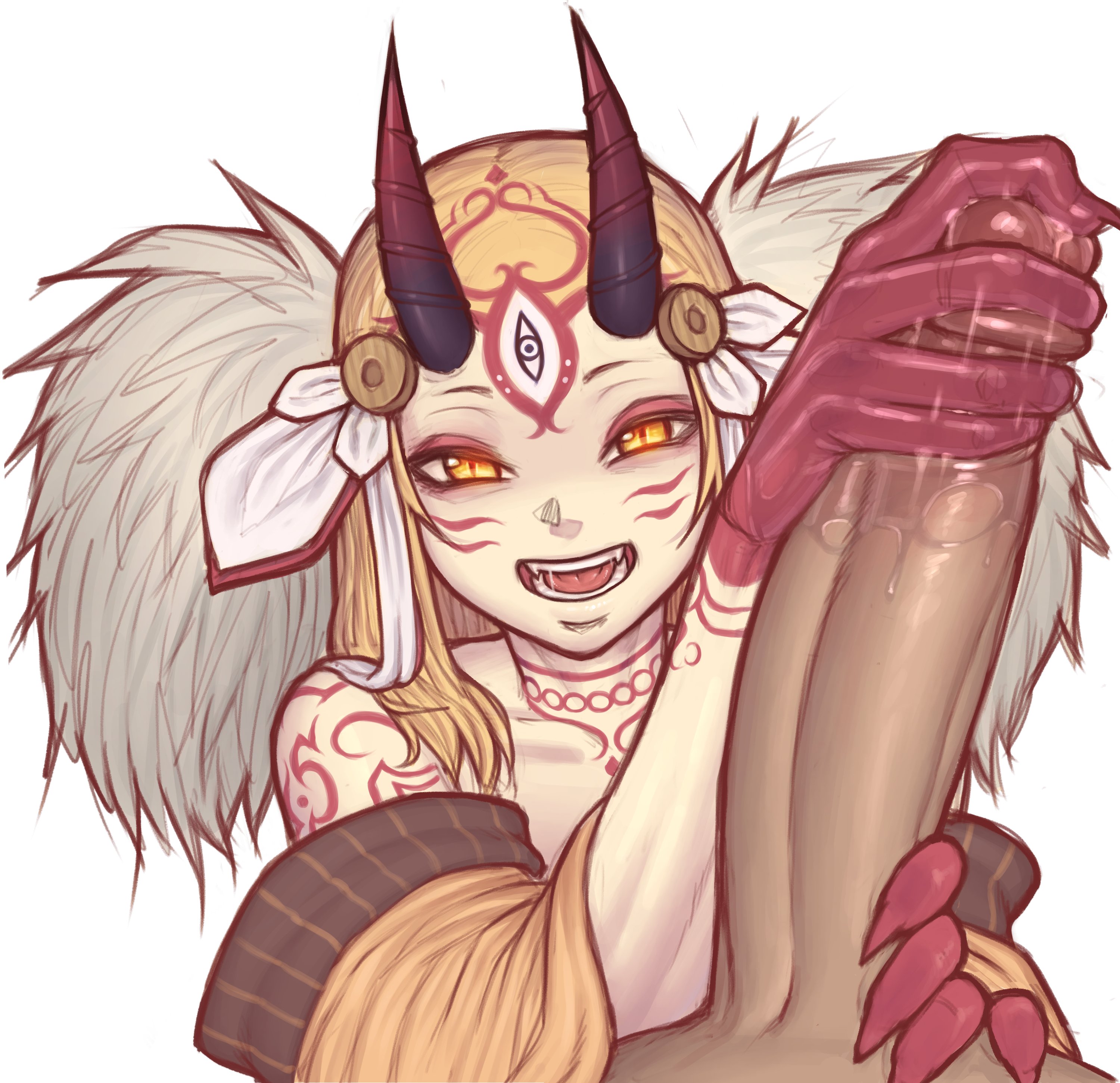 1boy, 1girls, 2020, asura (artist), demon, demon girl, erection, eye contact, fate (series), fate/grand order, female, fingernails, handjob, horns, huge cock, ibaraki douji (fate), imminent oral, looking at viewer, male, monster girl, naughty face, open mouth, oral, oral sex, penis, petite, pov, sharp fingernails, smile, straight, teenager