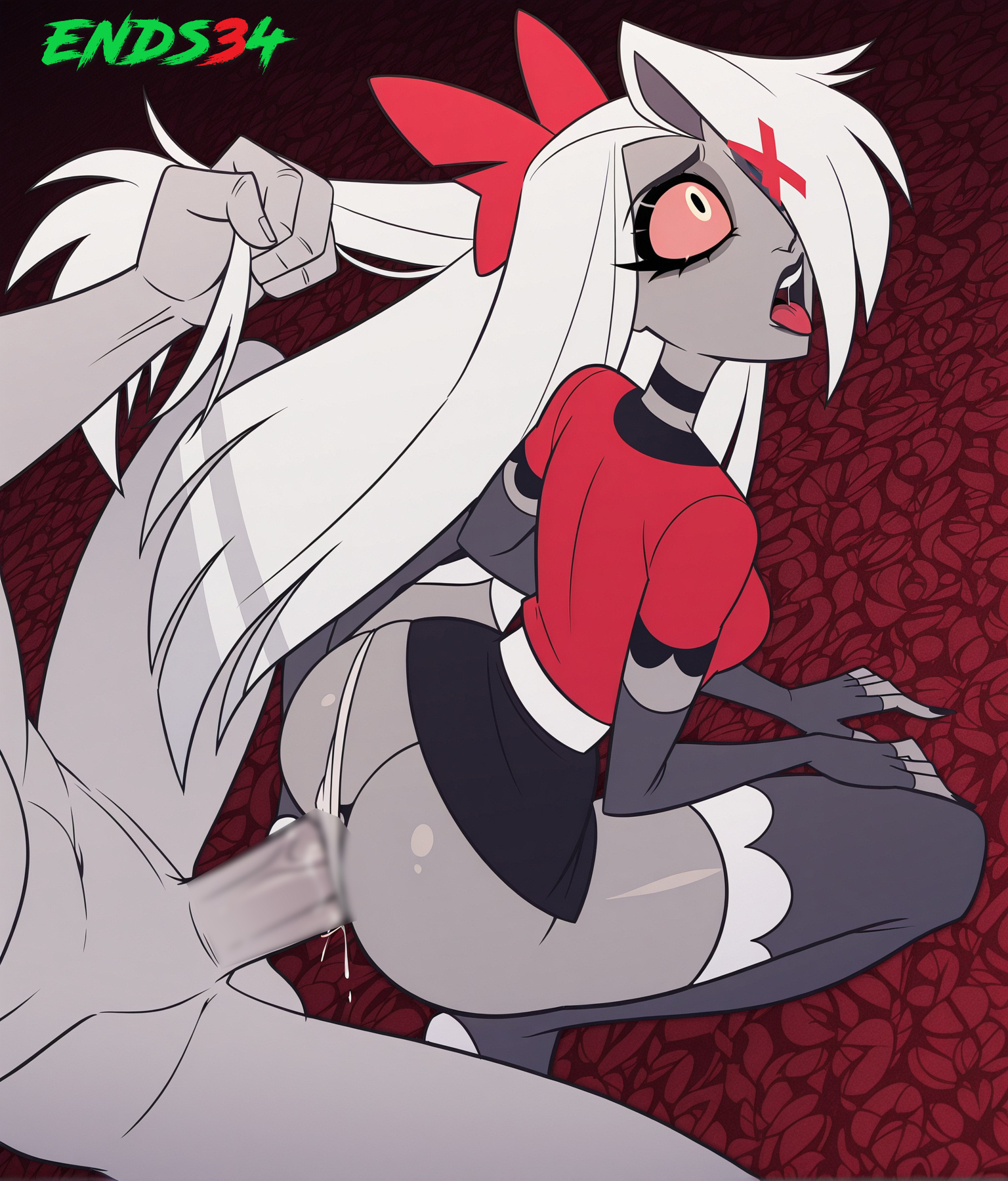 ahe gao, ai generated, ends34, female, female focus, grabbing, hazbin hotel, long hair, male, partial male, penis, sex, sex from behind, silver hair, skirt, thighhighs, vaggie (hazbin hotel)