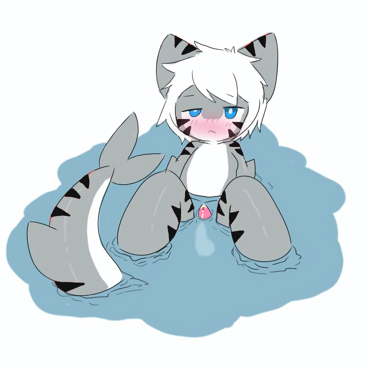 blue, blue eyes, blush, changed (video game), cum, cum in water, furry, male, male focus, male only, nude, nude male, sanu (サヌ), shark, tiger shark, tiger shark (changed), water, white hair