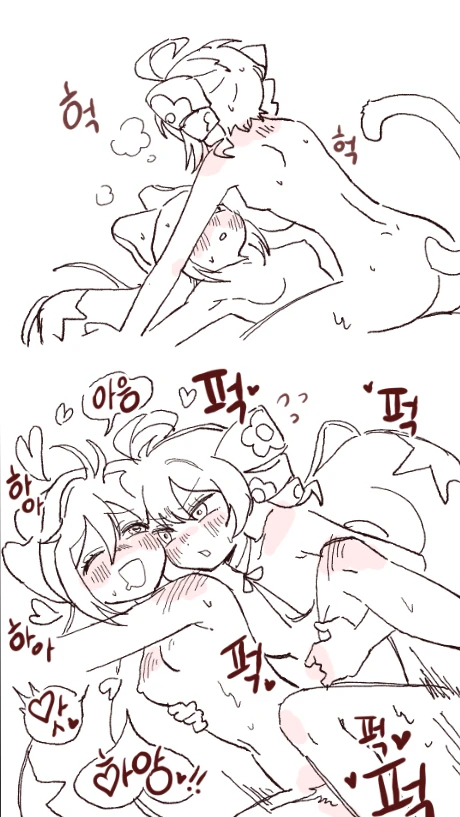 2girls, ahoge, animal ears, blush, breasts, comic, cowgirl position, female, female focus, futa with female, futanari, hatsune miku, heart, implied futanari, kasane teto, korean text, long hair, moaning, monkey tail, monochrome, multiple girls, mv character, nipples, nude, one eye closed, open mouth, pixiv link, pppp (vocaloid), sex, small breasts, spread legs, sweat, tail, white background, yuri