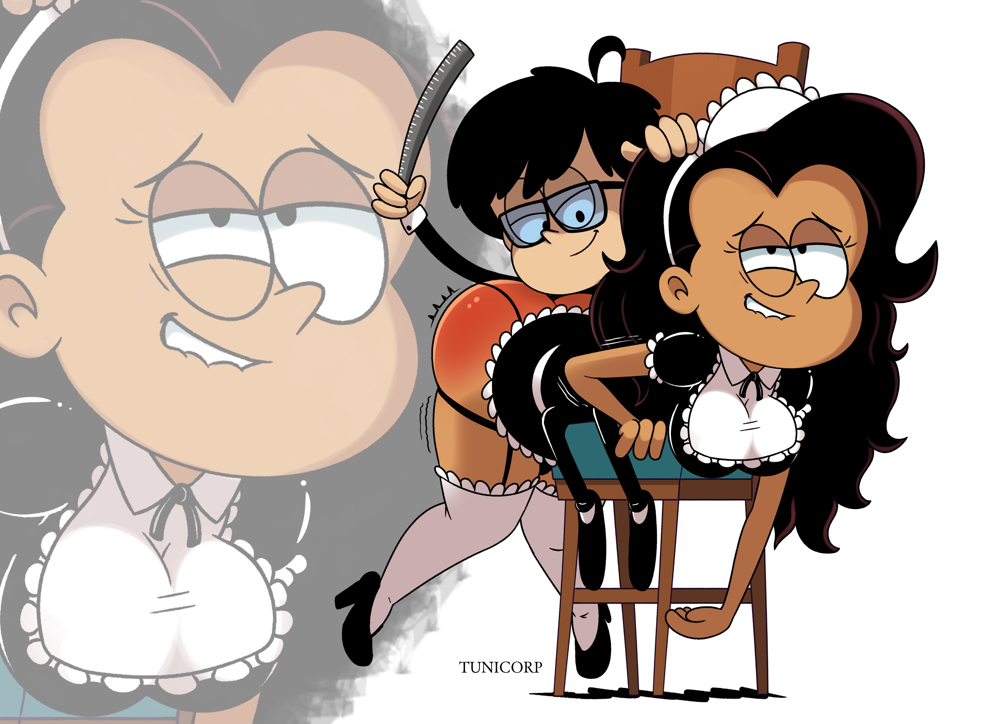 1girls, ass, ass spank, female, latina, long hair, maid uniform, makd1boy, male, maria santiago, nickelodeon, original character, over the knee spanking, presenting pussy, pussy, school uniform, spanking, the casagrandes, the loud house, tunicorp