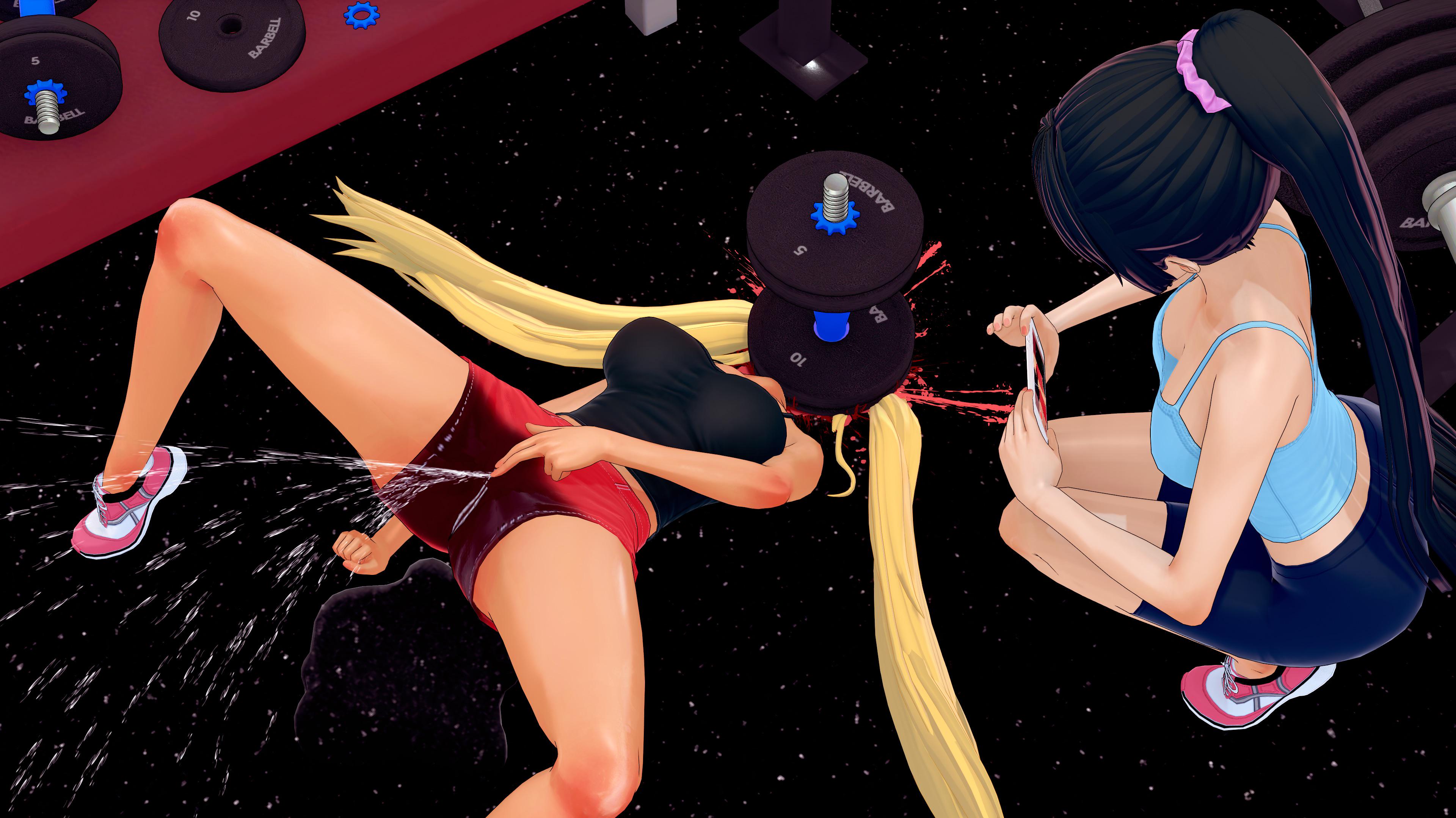 2girls, 3d, class of '09, death, deathgasm, dumbbell, female, female death, filming, final orgasm, gore, guro, head crushing, logonis, masturbation, nicole (class of '09), orgasm from dying, phone, pussy, pussy ejaculation, squirting, workout clothes