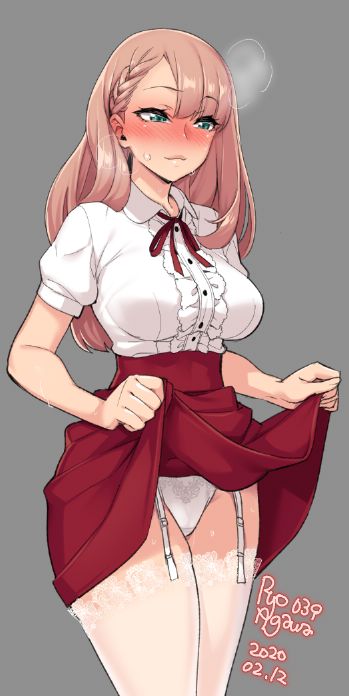 1girls, big breasts, blush, breasts, clothed, female, female only, large breasts, panties, ryo agawa, skirt, skirt lift, solo