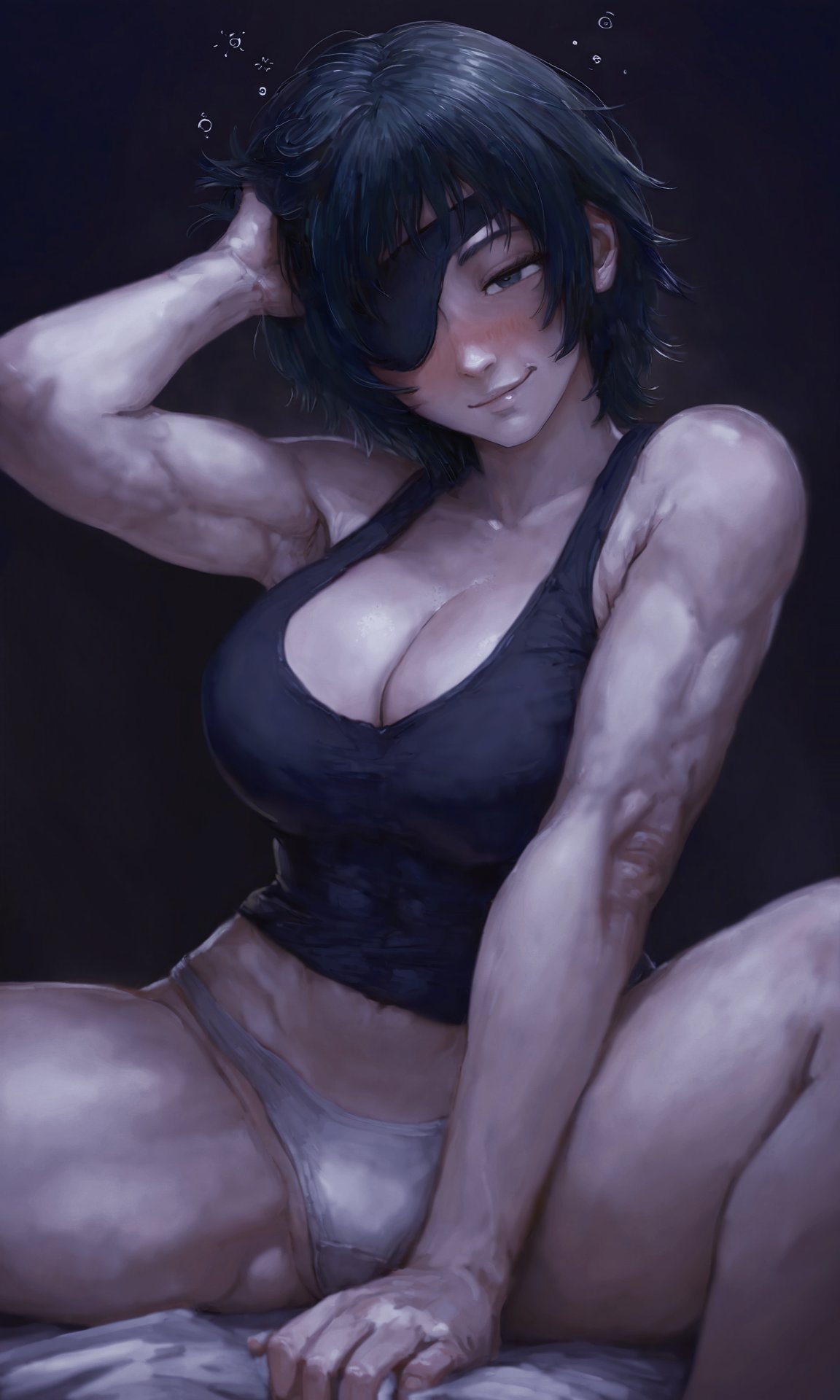 1girls, abs, abs visible through clothing, ai generated, big breasts, blush, breasts, busty, chainsaw man, cleavage, drunk, drunk bubble, eyepatch, female, hi res, himeno (chainsaw man), medium hair, mercyofblade, mommy milkers, muscles, sitting, solo, tank top, thighs