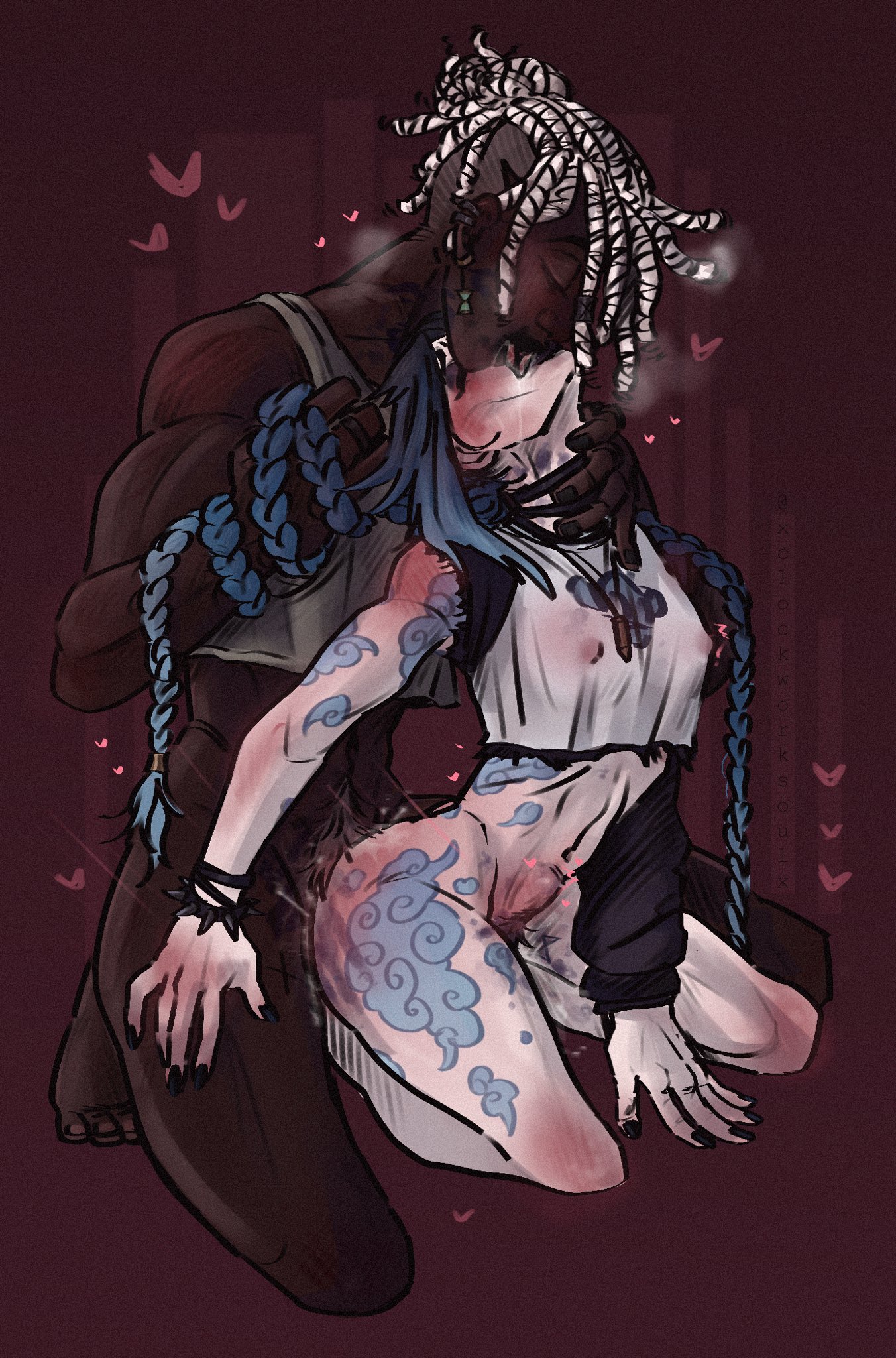 1boy, 1girls, arcane, arcane ekko, arcane jinx, barefoot, blue hair, bottomless, braid, canon couple, clothing, dark skin, dark-skinned male, dreadlocks, ekko, female, from behind, hair grab, hair pull, hand on neck, hickey, interracial, jinx (league of legends), kissing, kissing while penetrated, league of legends, light skin, light-skinned female, male, nipple bulge, nipples visible through clothing, pale skin, pale-skinned female, passionate, riot games, tagme, tattoo, tongue kiss, twin braids, white hair, xclockworksoulx