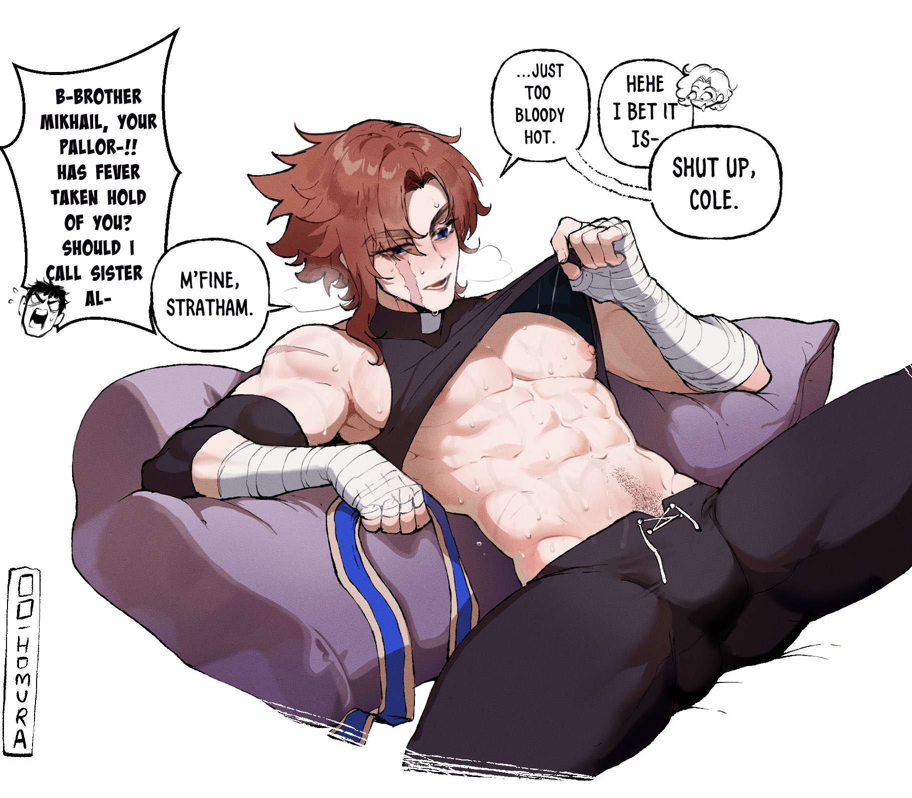 1boy, abs, bandaged hand, bandaged hands, bloodlight (nyantcha), blue eyes, blush, brown hair, dialogue, english text, hi res, legs apart, lying, lying on back, male, male only, mikhail (thiccwithaq), muscular, muscular male, narrowed eyes, original, original character, scar, scar across eye, solo, speech bubble, steamy breath, sweat, thiccwithaq, white background