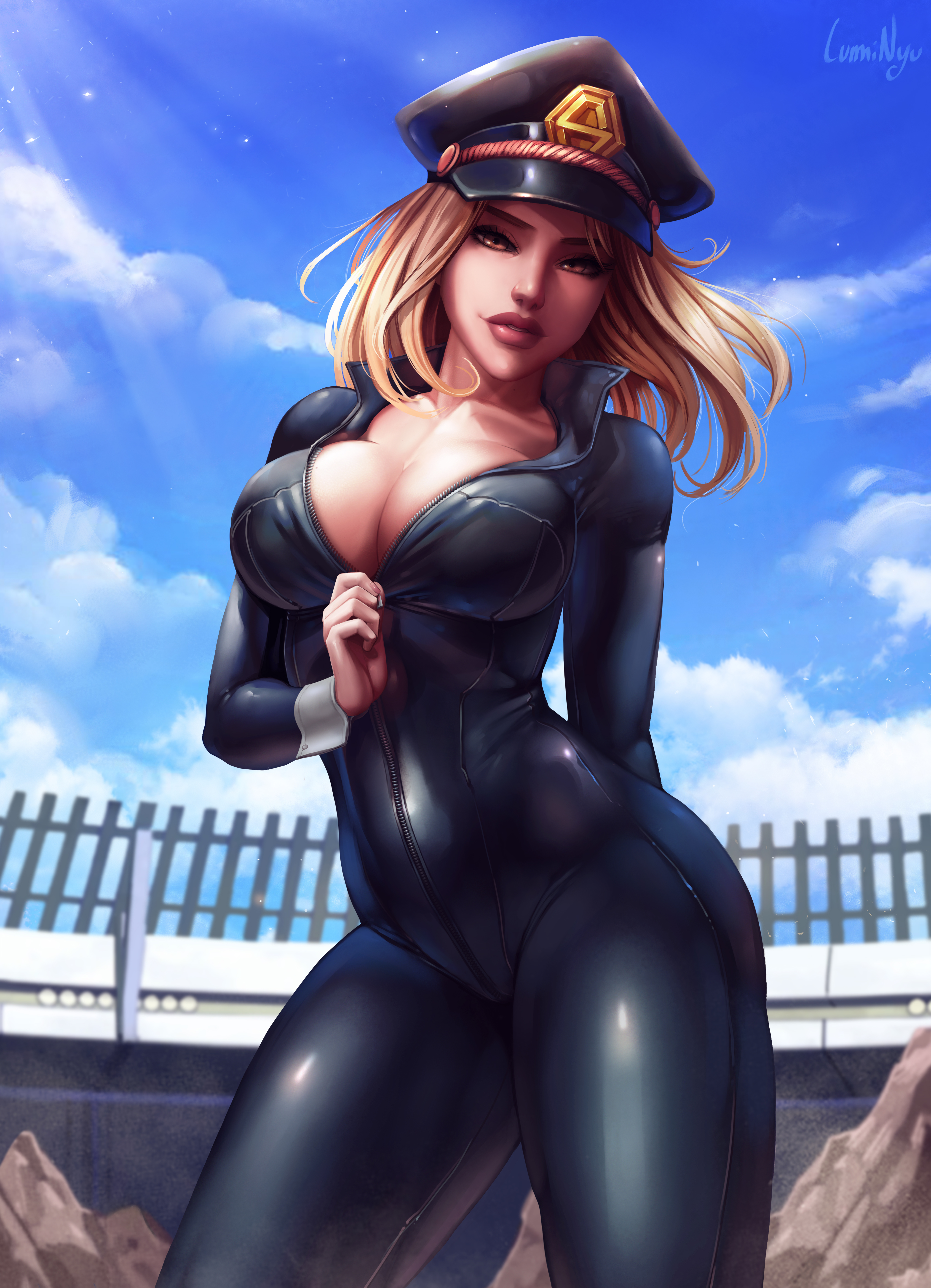 1girls, 2019, alternate version available, big breasts, black bodysuit, blonde hair, blonde-haired female, bodysuit, breasts, brown eyes, camie utsushimi, cleavage, female, female focus, female only, fit female, full lips, hat, hero outfit (mha), hourglass figure, human, human female, large breasts, latex, latex suit, light skin, light-skinned female, lips, lipstick, luminyu, my hero academia, pinup, shiketsu high school cap, slim waist, solo, solo focus, superheroine, teenager, thick thighs, wide hips, wrist cuffs, zipper