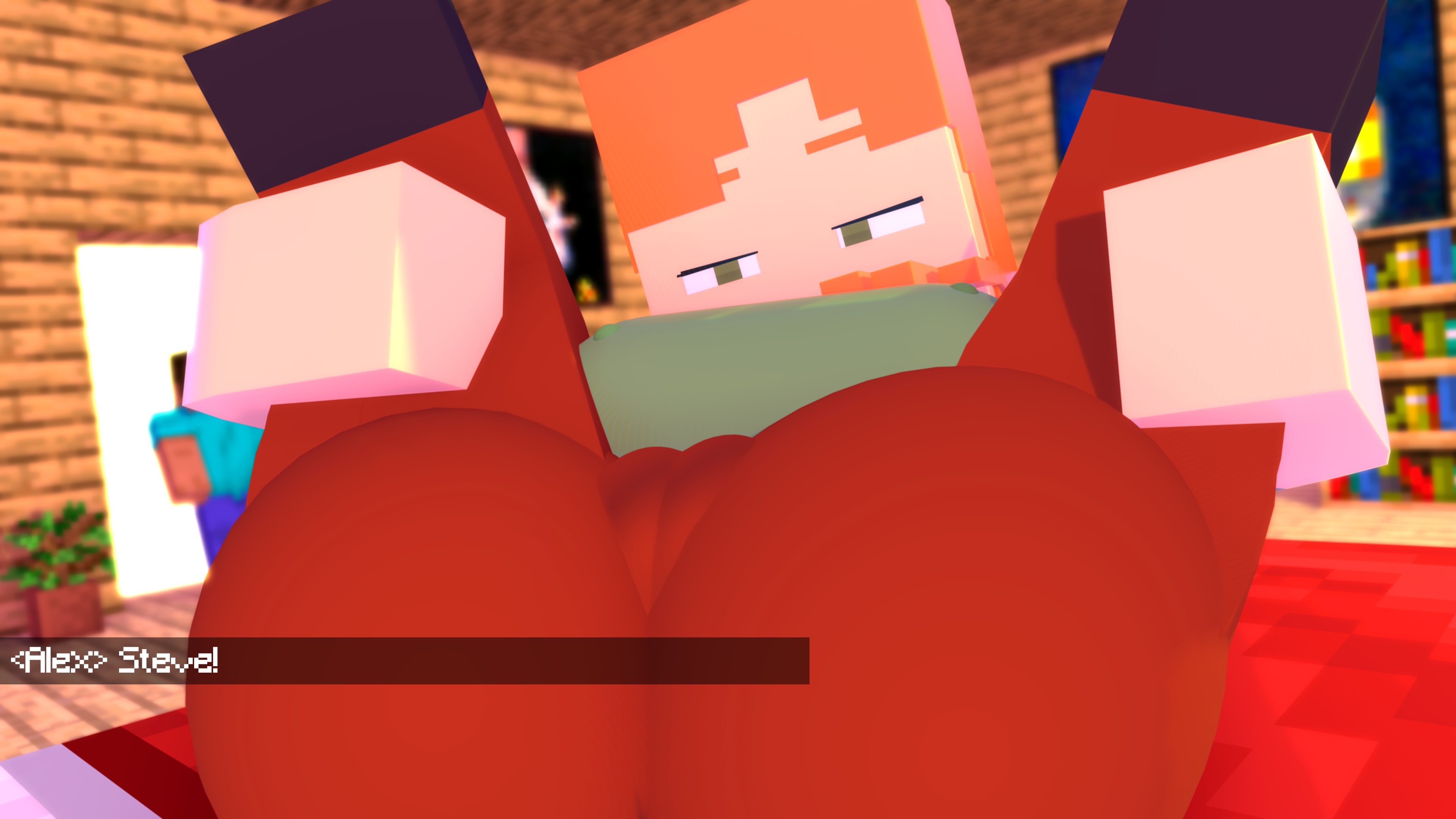1boy, 1girls, 3d, alex (minecraft), ass, ass focus, big ass, big breasts, breasts, brown hair, bubble ass, bubble butt, clothing, female, female focus, green eyes, holding legs, huge breasts, legs up, lying, male, mine-imator, minecraft, orange hair, pussy, steve (minecraft), text, thick thighs, vagina, veridut