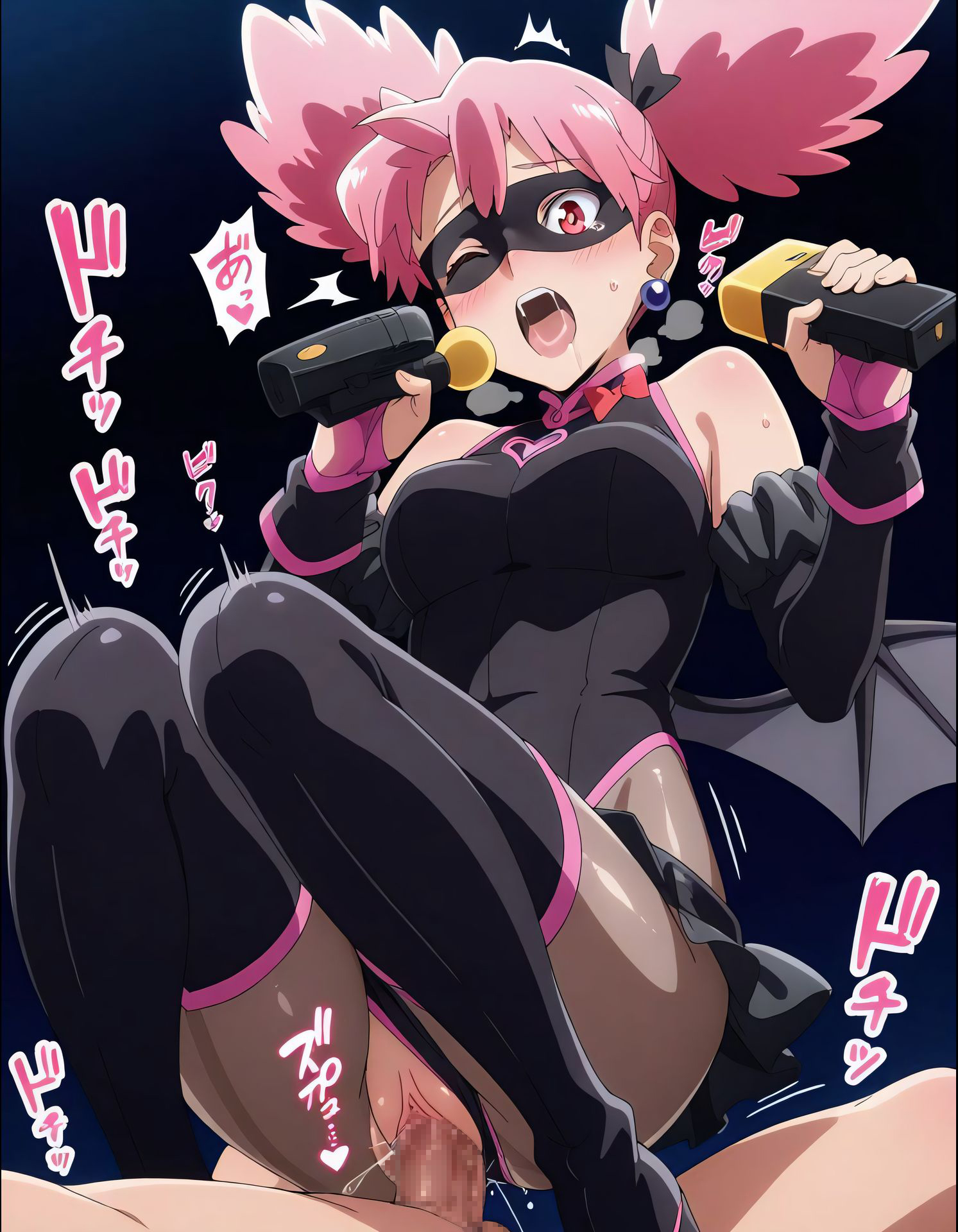 1boy, 1girl, 1girls, ai assisted, ai generated, female, haneyama kazuho, hero outfit, hkdpickles, light skin, light-skinned female, looking back, male, mask, my hero academia, pale skin, pale-skinned female, penis, pink hair, pop step, thick thighs, thighs, twintails, vigilante: my hero academia illegals, wide hips, wide thighs