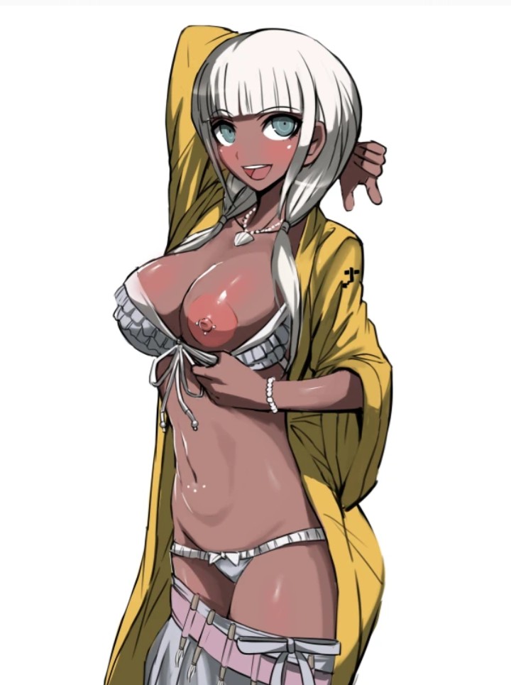 akizora, bikini, bikini top, bikini top lift, breasts, danganronpa, danganronpa v3, dark skin, dark-skinned female, exposed breasts, female, female only, necklace, solo, solo female, white hair, yonaga angie