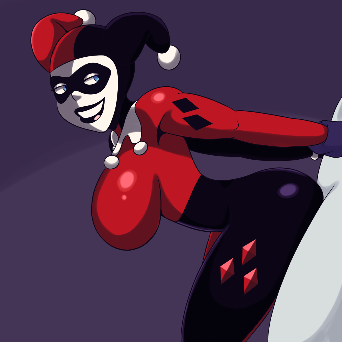 1girls, arched back, batman (series), batman: the animated series, big breasts, black lipstick, blue eyes, bodysuit, breasts, bust, busty, clothed, clothed female nude male, clothing, costume, dc, dc comics, dcau, doggy style, domino mask, faceless, faceless male, female, female focus, from behind, from behind position, harley quinn, harley quinn (classic), huge breasts, iggy-bomb, large breasts, legs, light skin, lips, lipstick, looking back, male, male/female, mask, naked, nude, nude male, outfit, straight, supervillain, teeth