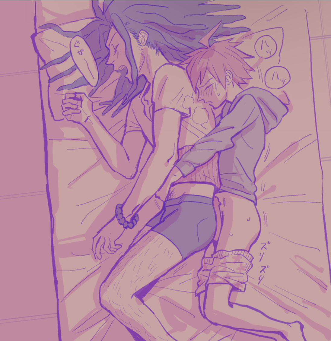 2boys, ass, assjob, big hair, boxer briefs, boxers down, buttjob, danganronpa, danganronpa: trigger happy havoc, dry humping, gay, grinding, grinding through clothes, hagakure yasuhiro, hugging, hugging from behind, male, male focus, male only, male/male, matsukichi, naegi makoto, partially nude, sleeping, small dom big sub, somnophilia, spooning, underwear, underwear down, yaoi