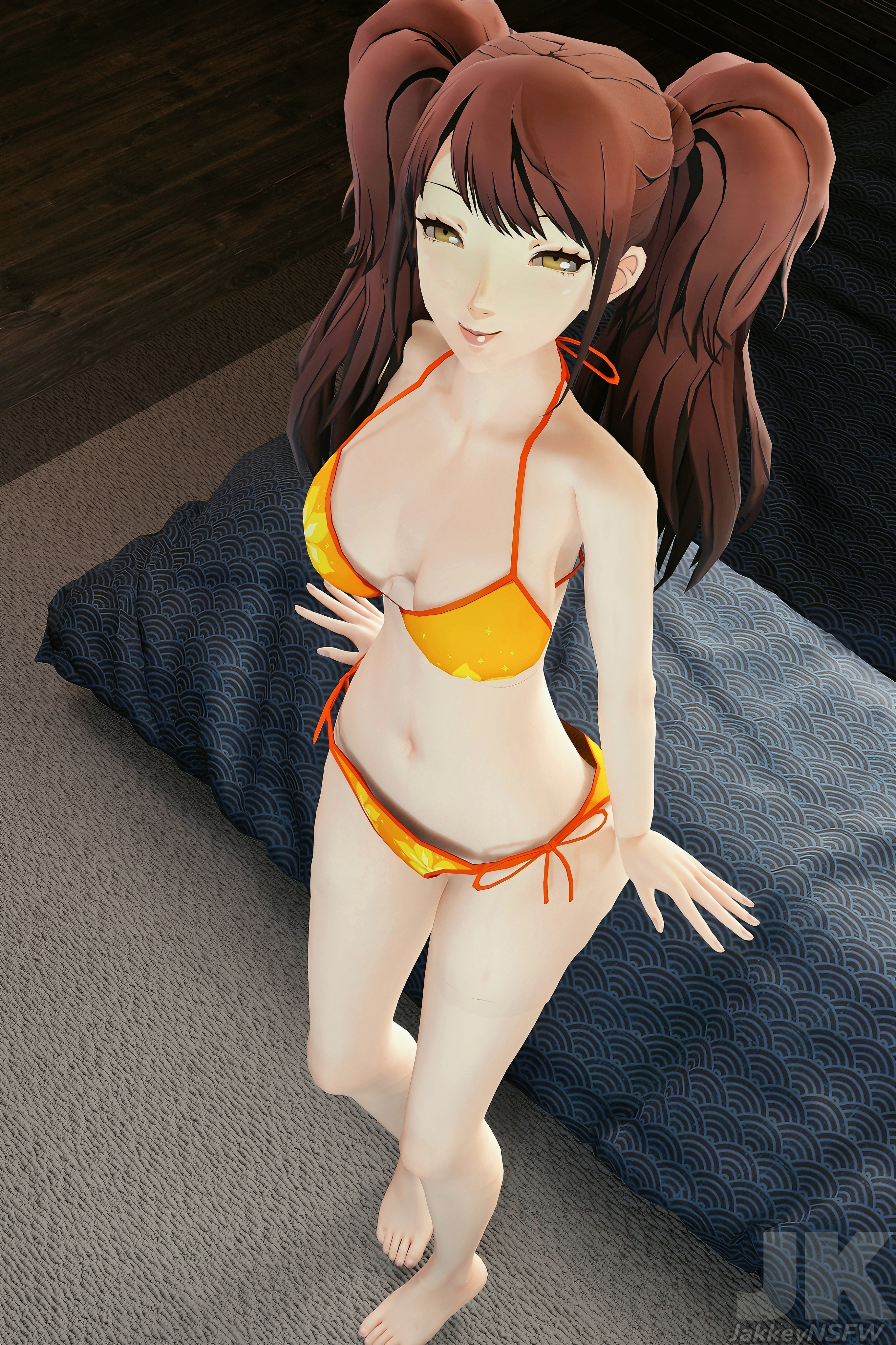 1girls, barefoot, bikini, bikini bottom, breasts, brown eyes, brown hair, cleavage, clothing, feet, female, halterneck, high resolution, inner boob, inner thighs, jakkeynsfw, kujikawa rise, kujikawa rise (swimsuit), large filesize, lips, long hair, looking at viewer, medium breasts, navel, orange bikini, orange swimsuit, persona, persona 4, self upload, side-tie bikini bottom, side-tie clothing, side-tie swimsuit, smile, solo, standing, swimsuit, tagme, tied hair, twintails, very high resolution, yellow bikini, yellow eyes, yellow swimsuit