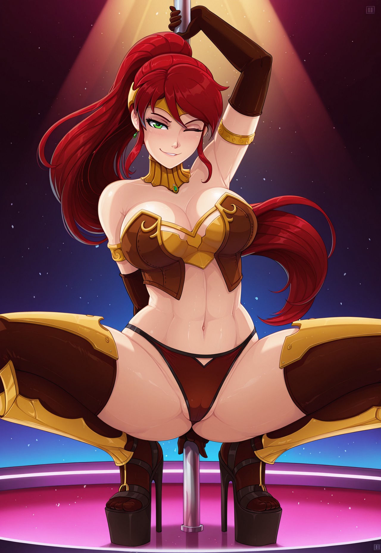 1girls, ai generated, arm gloves, armlet, boots, circlet, corset, exotic dancer, female, female only, fit, fit female, gloves, gorget, green eyes, happy, high heel boots, high heels, high ponytail, long hair, looking at viewer, nightclub, platform heels, pole, pole dancer, pole dancing, ponytail, pyrrha nikos, red hair, rwby, sidelocks, smile, solo, solo female, squatting, strip club, stripper, stripper clothes, stripper heels, stripper pole, stripping, striptease, tagme, thighhighs, thong, wink, winking at viewer