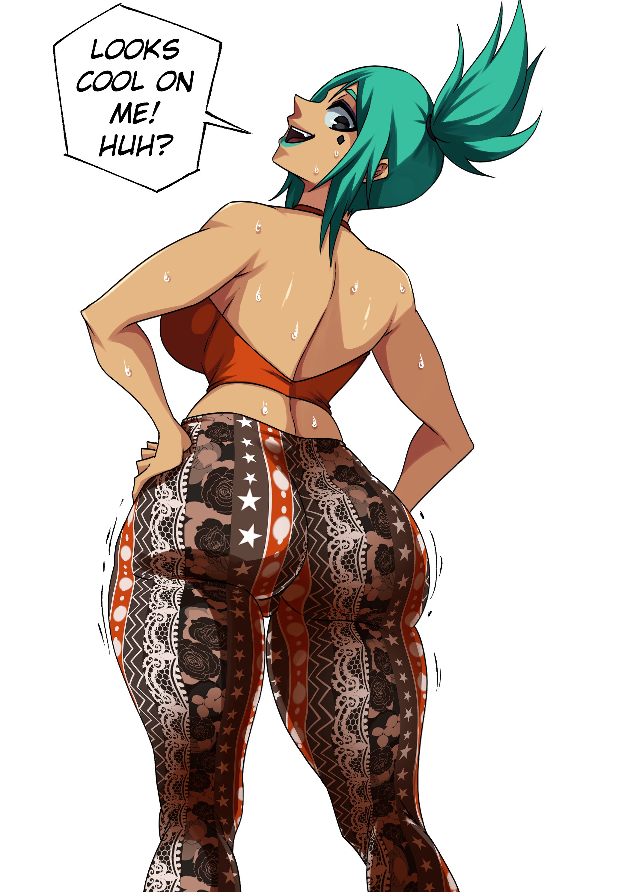 1girls, ass, back, back view, backboob, big ass, big breasts, black eyes, bottomwear, breasts, cerebella, clothing, english, english text, female, female only, flare pants, forbidden pants, green hair, green lips, green lipstick, hair, hands on hips, lipstick, looking back, motion lines, pants, skullgirls, solo, solo female, speech bubble, sweat, sweatdrop, text, tied hair, tobyllitos, topwear