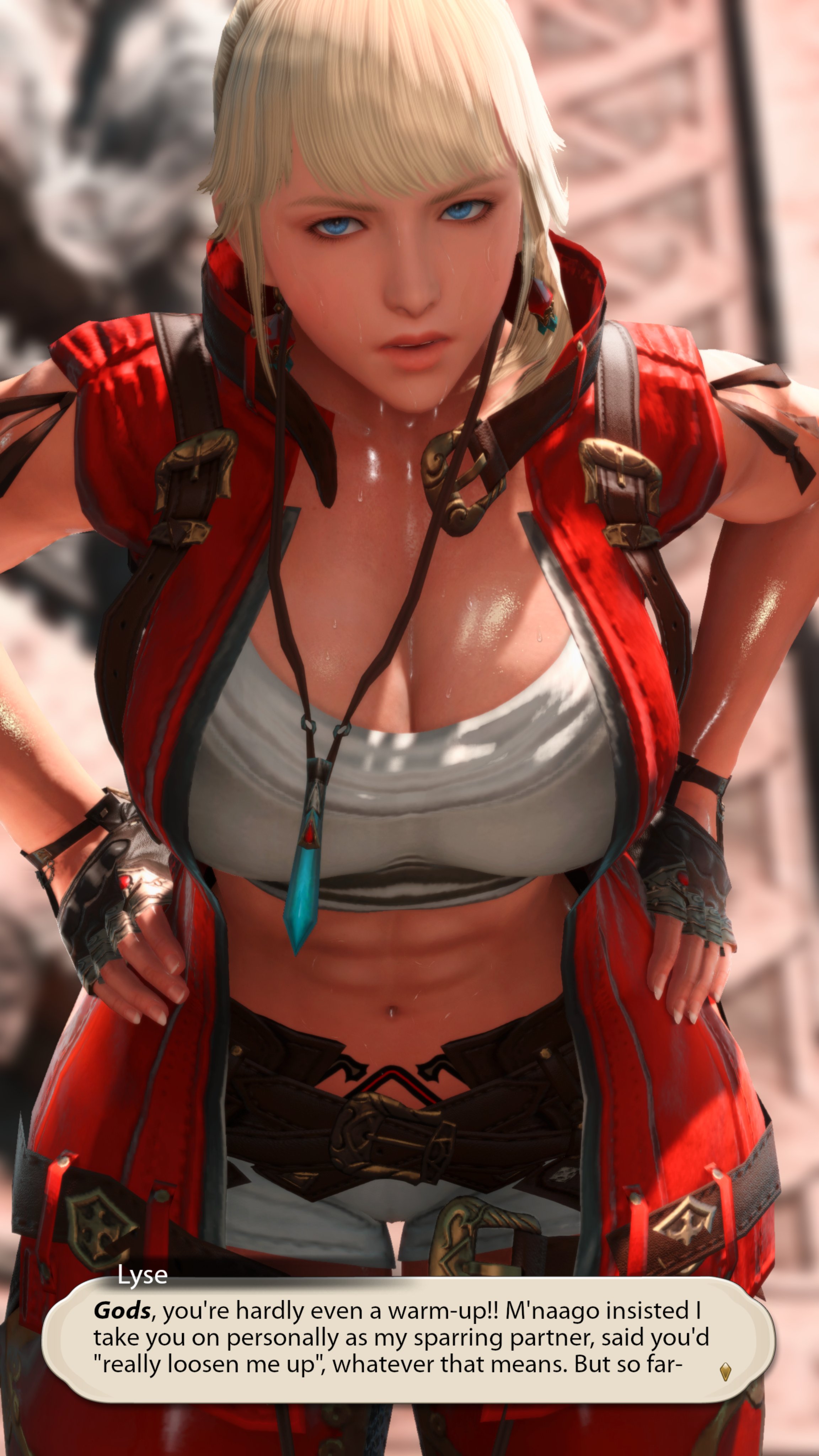 1girls, 3d, abs, angry, blonde hair, blue eyes, cleavage, clothed, degradation, dialogue, dialogue box, english text, female, female only, final fantasy, final fantasy xiv, gpose (ffxiv), hyur, imminent sex, instant loss, looking at viewer, lyse hext, muscular, muscular female, pubic tattoo, sweaty, tattoo, text, training