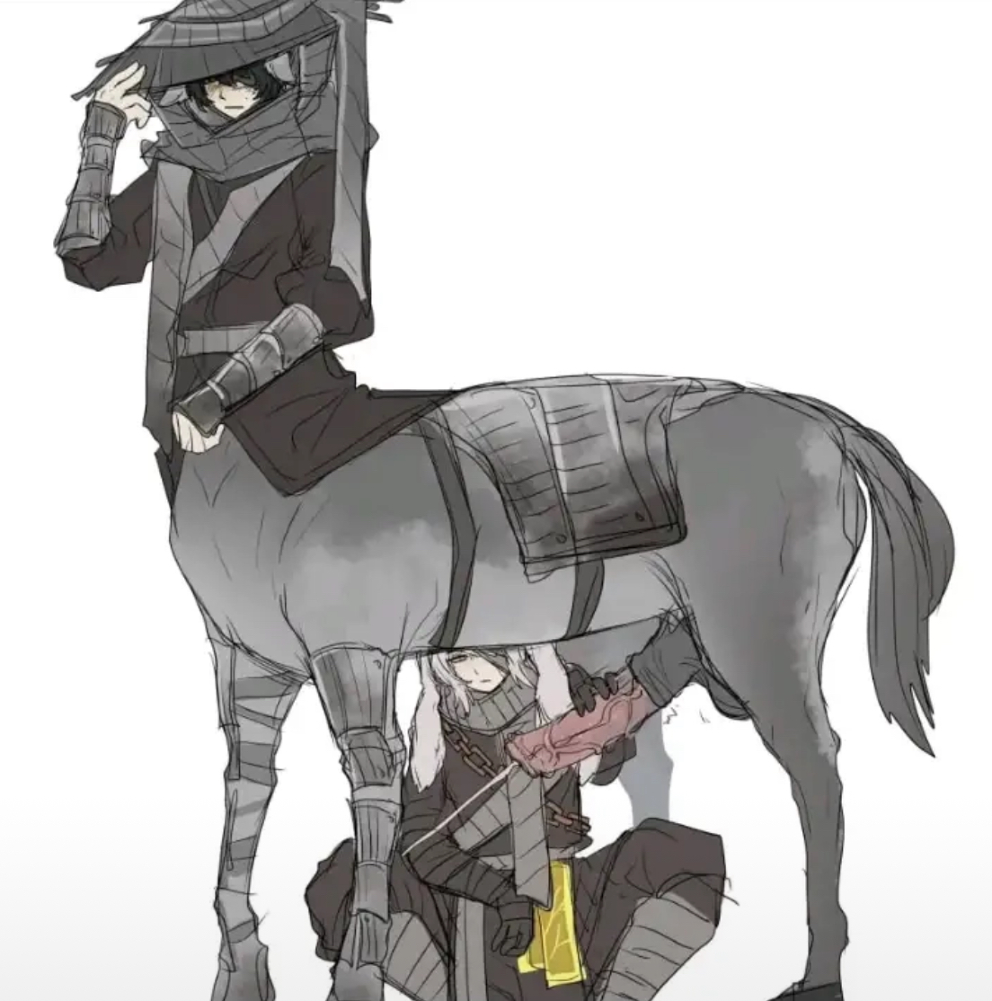 1boy, 1boy1girl, 1girls, armor, armored male, black hair, bottomless male, centaur, clenched fist, clenched hand, clenched hands, clothed female, clothing, embarrassed, faust (limbus company), faust (project moon), female, fists clenched, hat, horse, horse ears, horse man, horse penis, horse tail, horseballs, horsecock, leg armor, limbus company, luoyerrrr, m, masturbation, project moon, rabbit, rabbit ears, rabbit girl, sitting female, squat, squatting, standing, standing male, standing male sitting female, standing masturbation, stroking, stroking cock, stroking dick, stroking penis, tilted headwear, white hair, yi sang (limbus company), yi sang (project moon)