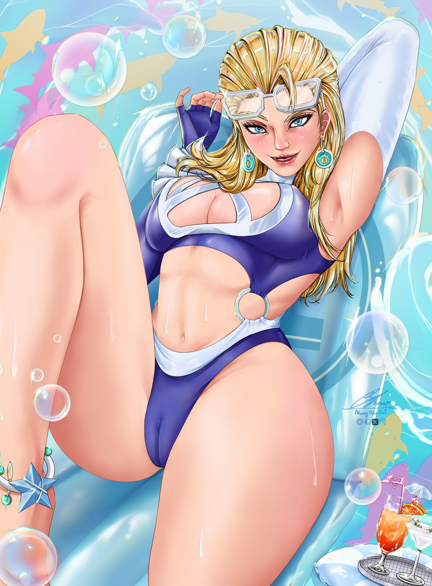 1girls, beach, blonde female, blue eyes, blue swimsuit, breasts, cameltoe, exposed breasts, fantastic four, female, invisible woman, invisible woman (azure shade), invisible woman (marvel rivals), long hair, marvel, marvel comics, marvel rivals, nungmeenui, sue richards, sue storm, sunglasses, sunglasses on head, swimsuit aside, water
